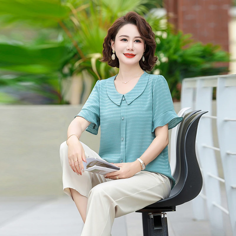 New Middle-Aged Women Summer Chiffon T-Shirt Solid Ruffle