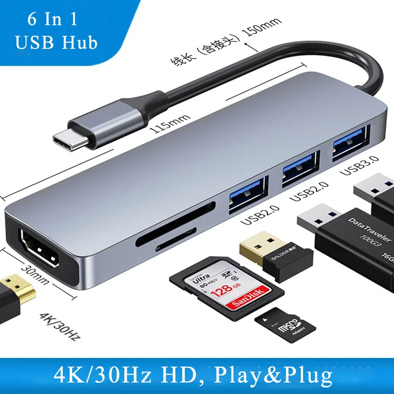 

Док-станция USB C, 6 в 1, для ноутбуков