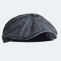 Washed Cotton Newsboy Cap Peaky Octagonal Hat Vintage Casual Cap Solid Berets Flat Hat 1