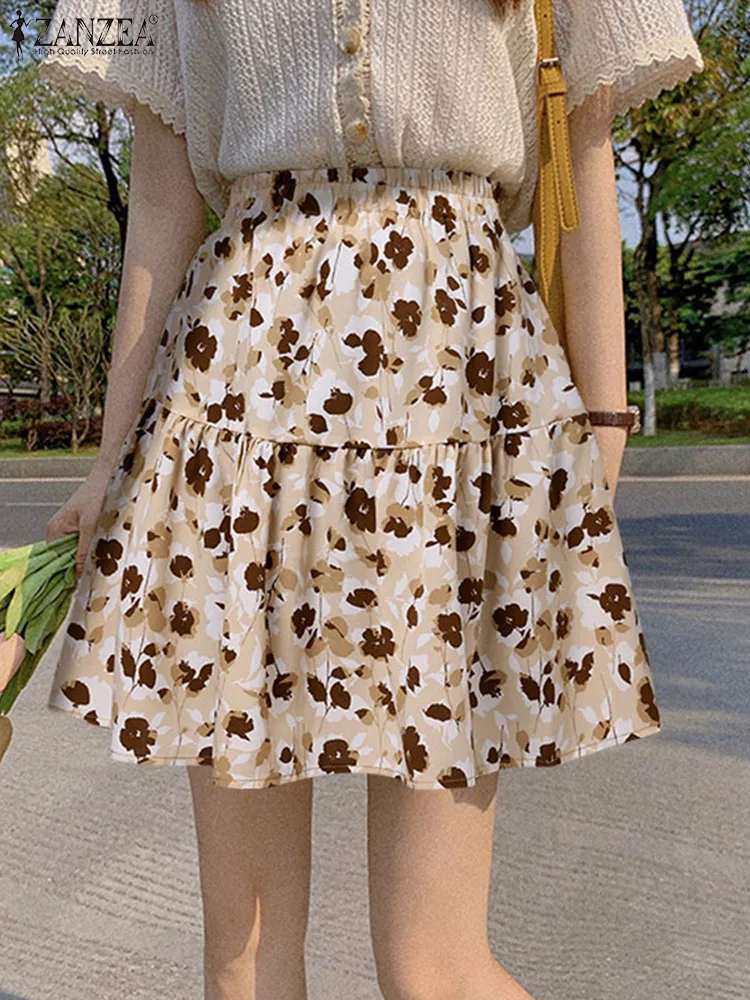 

ZANZEA Fashion Sweety Faldas Casual High Waist Jupes Women Loose Short Skirts Floral Print Elegant Pleated Tiered Mini Skirt