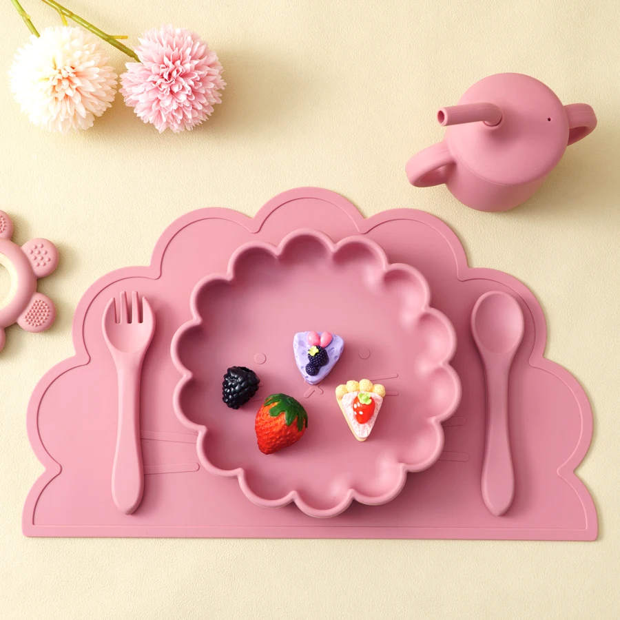 5PCS Silicone Baby Dinner Set Solid Color Utensils Waterproof Placemat Cartoon Lion Shape Suction Plate Portable Sippy Cup 2