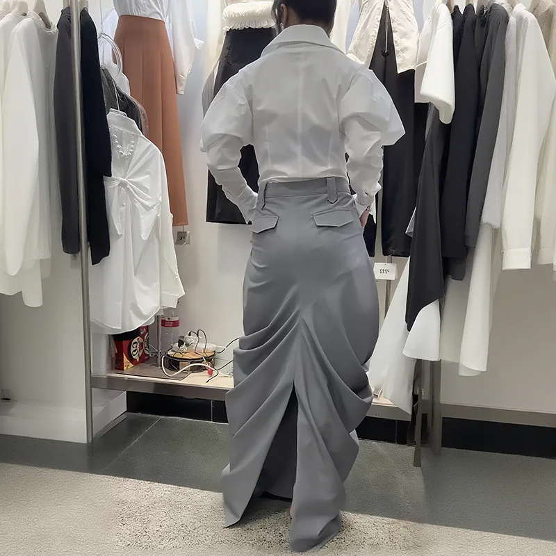 [EWQ] Elegant High Waist A-line All-match Clothing Minimalist Office Women's Fold Skirt Bottom Slit Design Skirts 2025 Autumn