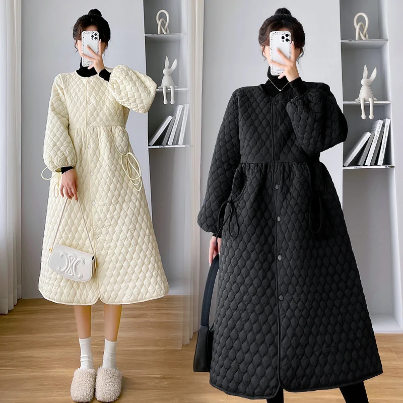 Pregnant Women Winter Clothing Cotton Jacket with Pockets Long Sleeve Single-breasted Long Maternity Coat Warm Drawsting Outwear