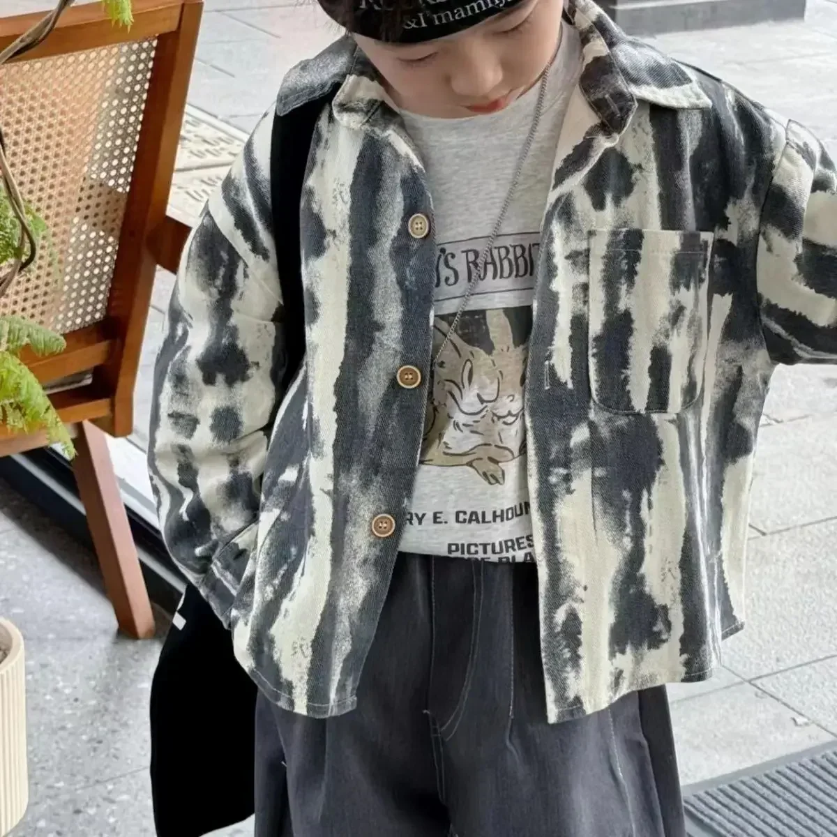 Children's Denim Cotton Shirt Spring Autumn Baby Boys Shirt Tie Dye Full Print Single Breasted Coat School Uniform for Boys
