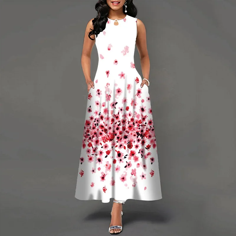thumbnail image 1 of Vestido largo informal sin mangas con estampado de flores para mujer, cuello en V, estilo bohemio retro, 1 of 5
