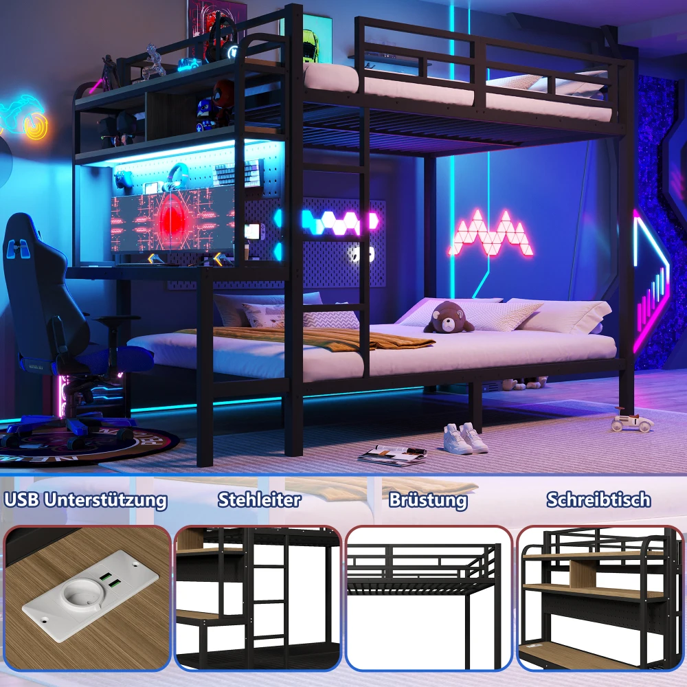 Etagenbett 140x200cm, Eisenrahmen, Stauraum, Schreibtisch mit LED-Lichtleiste, USB-Anschluss, Sicherheitsgeländer, Leiter, ohne Matratze – Detail 20