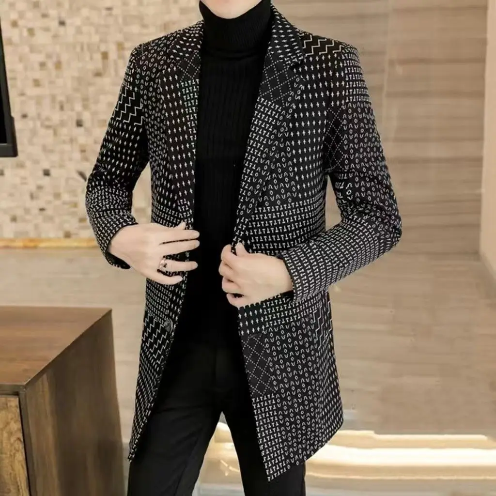 Autumn Winter New Fashion Turn-down Collar Long Sleeve Printing Trench Men's Clothing Korean Medium Long Styles Button Chic Tops