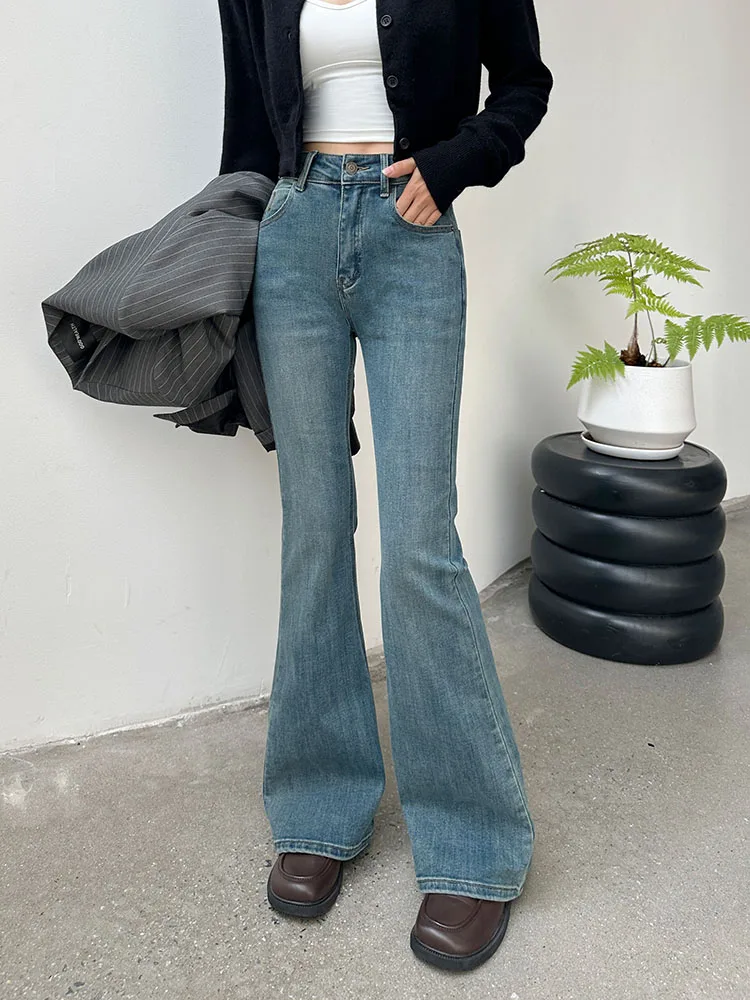 High Stretch Flare Jeans Women High Waist Slim-Fit Blue Trousers Female Elegant Office Ladies Workwear Denim Pants with Pocket women straight jeans patchwork organ pocket elasticated waist denim pants female new casual workwear style multi pocket trousers