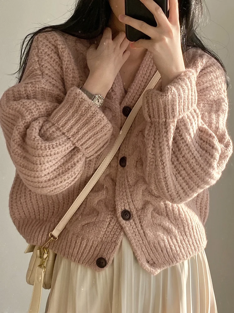 

High Quality Vintage Solid Cardigan Crop Women V-neck Single Breasted Casual Loose Thick Sweater Knitwear Elegant Winter Clothes