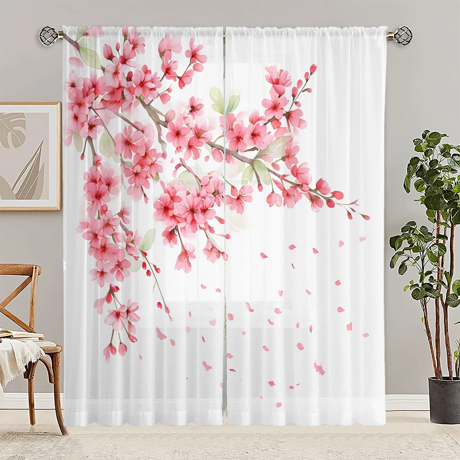 ผ้าม่านพิมพ์ลายดอกซากุระ 2 ชิ้น ผ้าโพลีเอสเตอร์ ซักด้วยเครื่องซักผ้าได้ เหมาะสำหรับตกแต่งห้องนอนและห้องนั่งเล่น 1