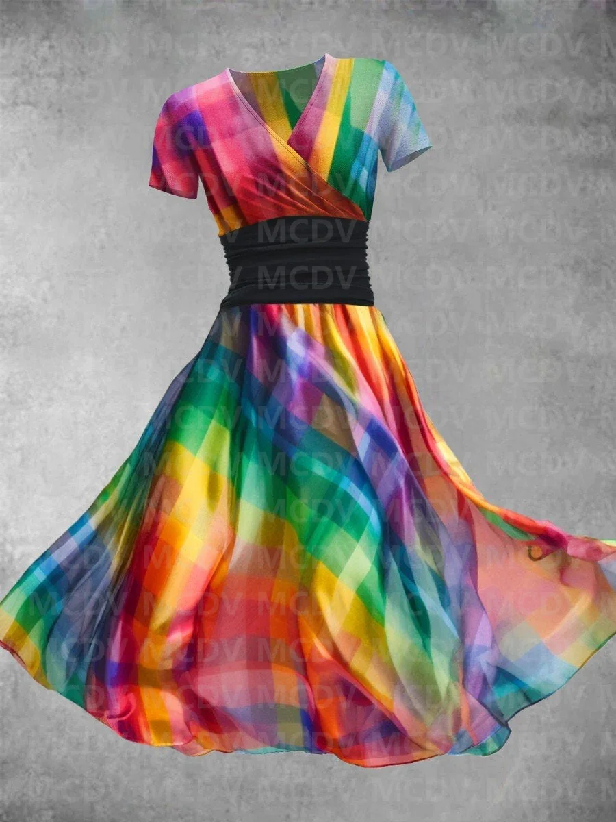 Women's Rainbow Collage Art Maxi Dress 3D Printed Sexy V-neck Dress Female Dresses