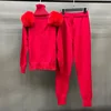 Women's Winter Knitted Sweater Pants Set Lady Fashion Tracking Suit Sweater Fox Fur Shoulder Stand Collar Pullover 5