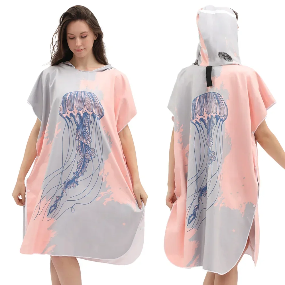 80*100cm Quick Dry Printed Cloak Microfiber Suede Wearable Adult Surf Changing Robe Poncho Hooded Beach Towel for Women