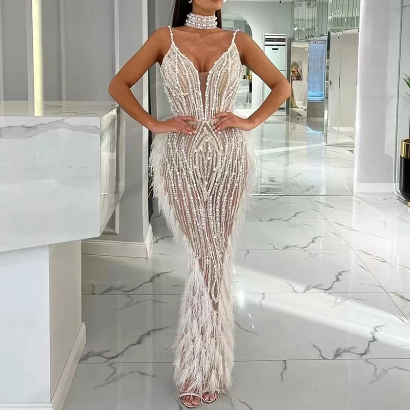 

Luxury Beads Evening Dresses for Women Illusion V-Neck Floor-Length Mermaid Prom Special Events Gala Elegant Maxi Bodycon Dress