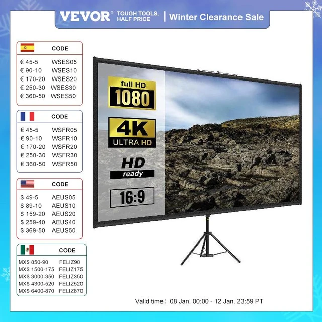 VEVOR écran de Projection avec Trépied 100 pouces 4K HD 16:9 Toile