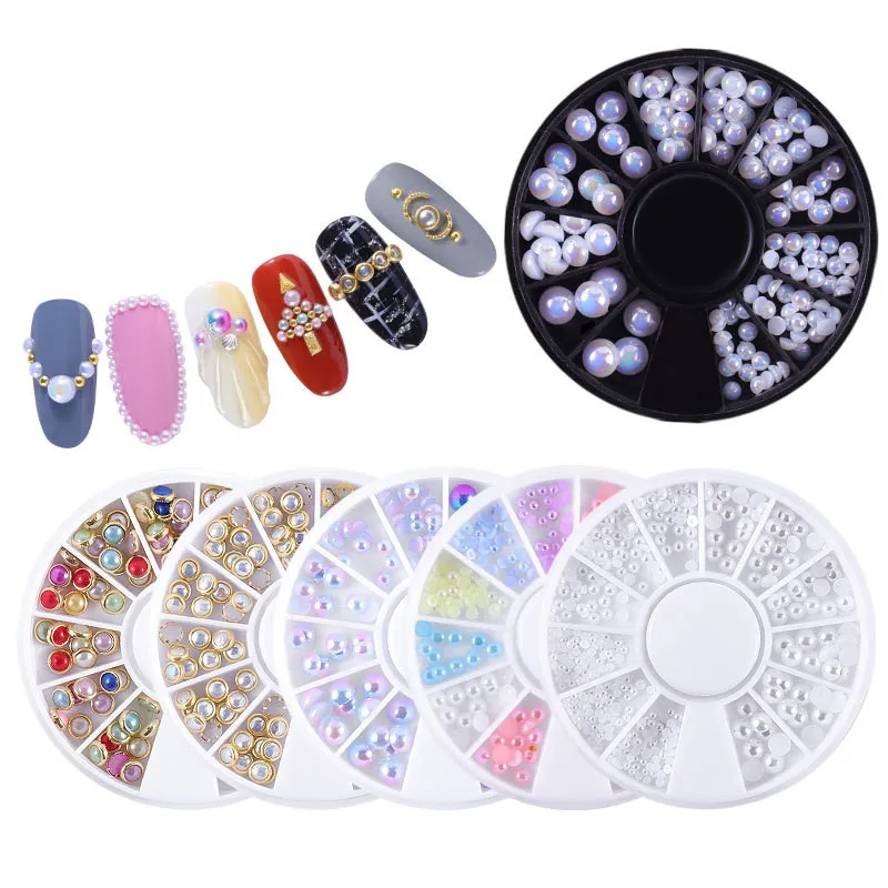

8 Box Nail Imitation Pearl Rhinestones 3D Mix Crystal Glitter Manicure DIY Candy Beads Nail Charm Pearl Wheel Design Decoration