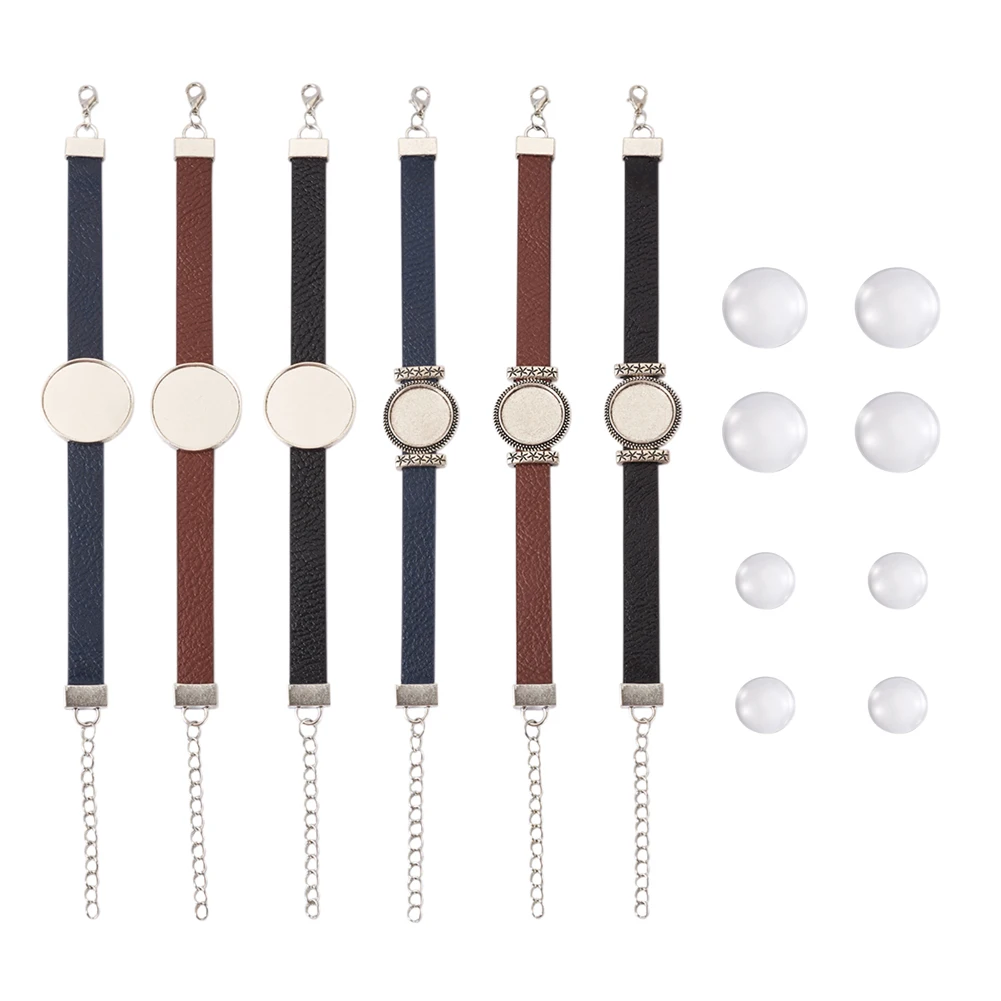 

14pcs/set DIY Cabochon Settings Flat Round Link Bracelet With PU Leather Band Making Kit Blank Findings Tray Bezel Setting