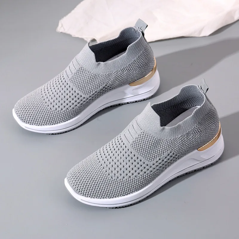 2022 Stretch Mesh Knitted Sock Shoes Summer Sneakers Women Slip on Platform Loafers Sport Vulcanized Wedges Shoes Girls Spring