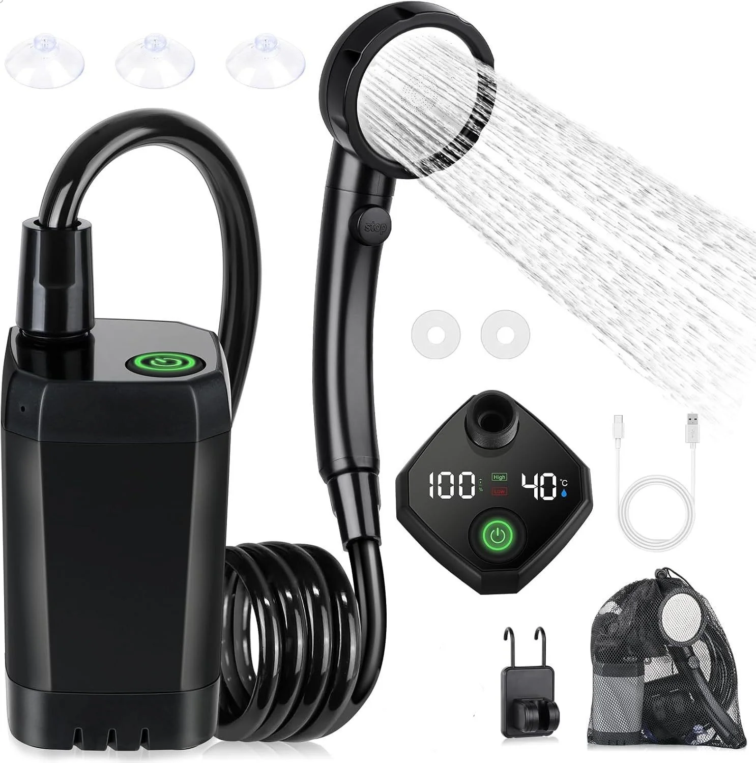 Portable Outdoor Camping Shower Set Waterproof with Digital Display Rechargeable Electric Shower Pump Hiking Travel Pet Watering