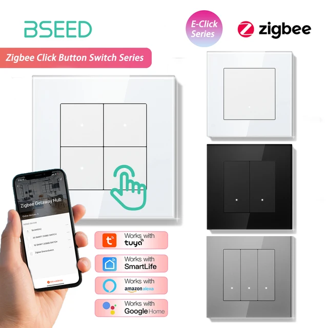 BSEED 1/2/3/4Gang 2Way Zigbee Light Switch Smart Click Button Switch Glass Panel Tuya Smart Life Alexa Voice Control 3 Colors