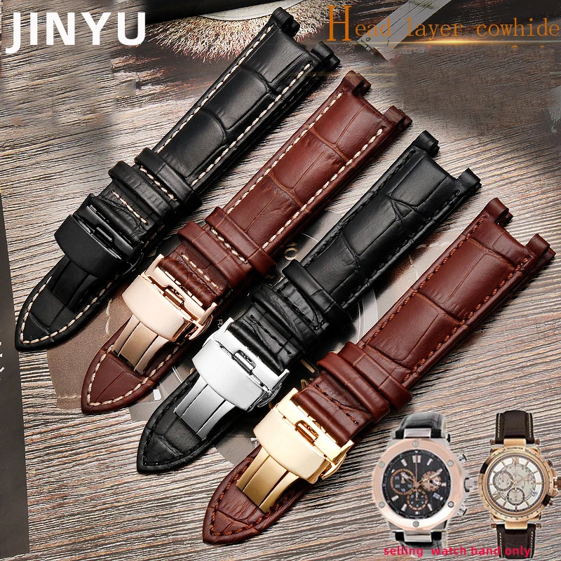 Genuine Leather Watchband with Stainless Steel Butterfly Buckle