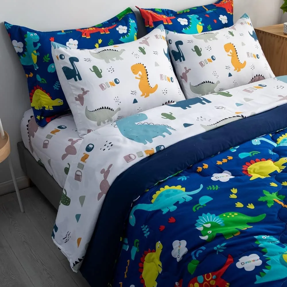 

7 Piece Kid Boys Dinosaur Comforter Set Twin Size 3D Blue Dinosaur Wild Park Jungle Print Bedding Set with Comforter, Sheet Set