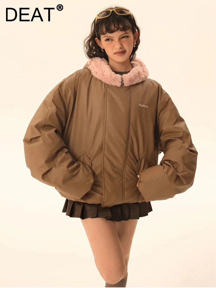 

DEAT Fashion Women's Pu Leather Cotton-padded Coat Sunday Angora Yarns Big Lapel White Duck Down Jackets Winter 2024 New 7AB2190