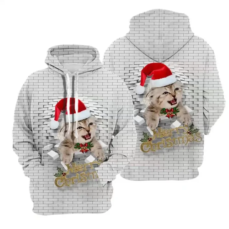 thumbnail image 1 of Sudadera con capucha navideña para hombre, con estampado 3D de animales, gatos, pared rasgada, sudaderas con capucha y sudaderas de manga larga, 1 of 4