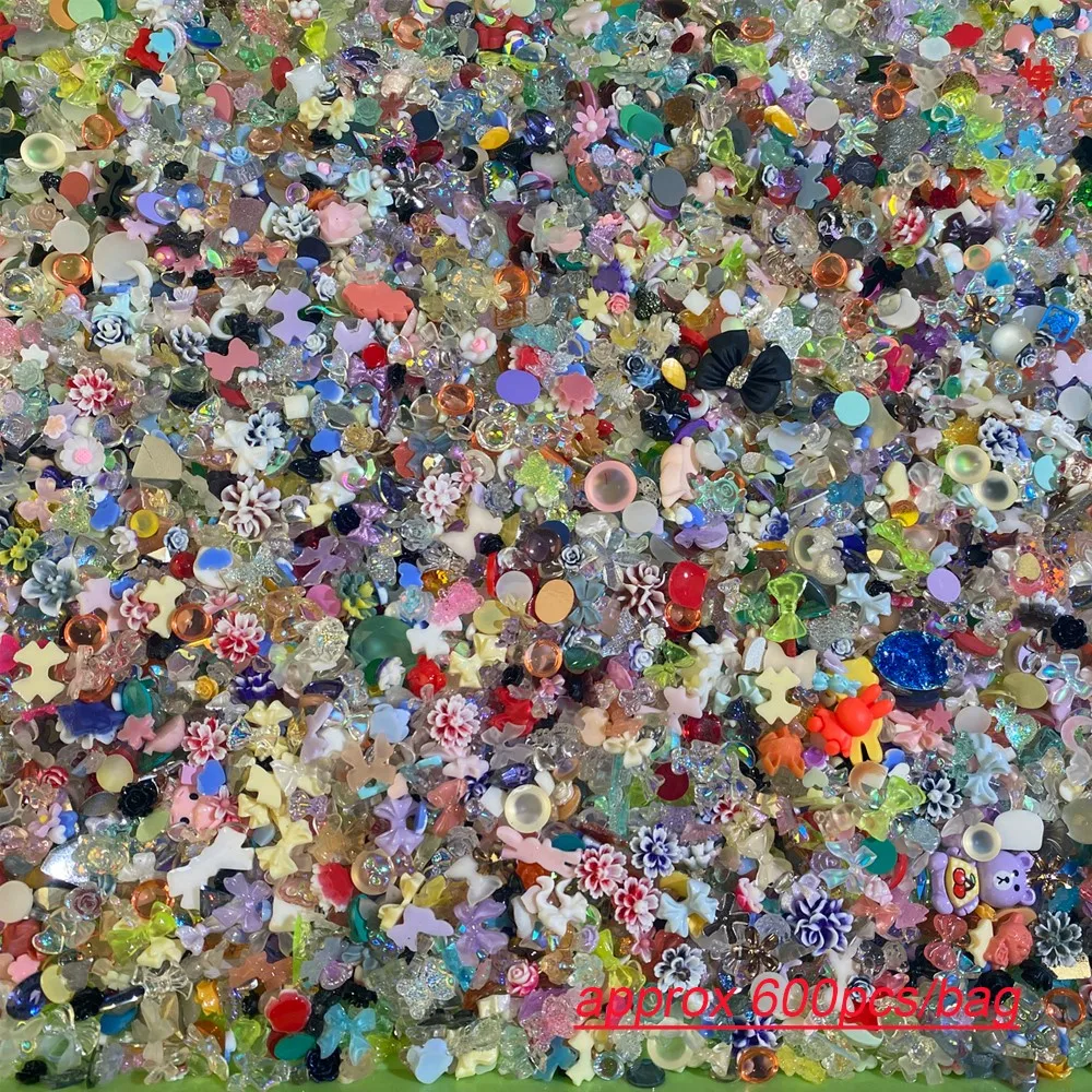 500-600pcs 라인 석 네일 매력 3D 꽃 Bowknot 혼합 스타일 네일 아트 장식 오로라 나비 진주 매니큐어 액세서리