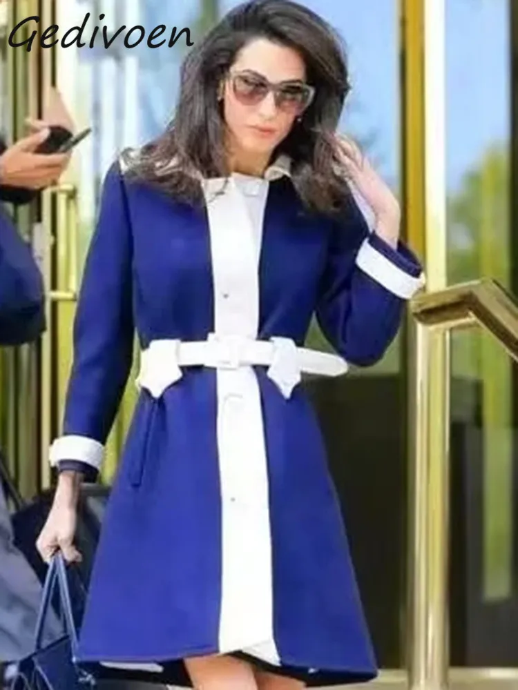 

Gedivoen осеннее модное дизайнерское синее винтажное женское платье с лацканами на пуговицах с карманами и присборенной талией