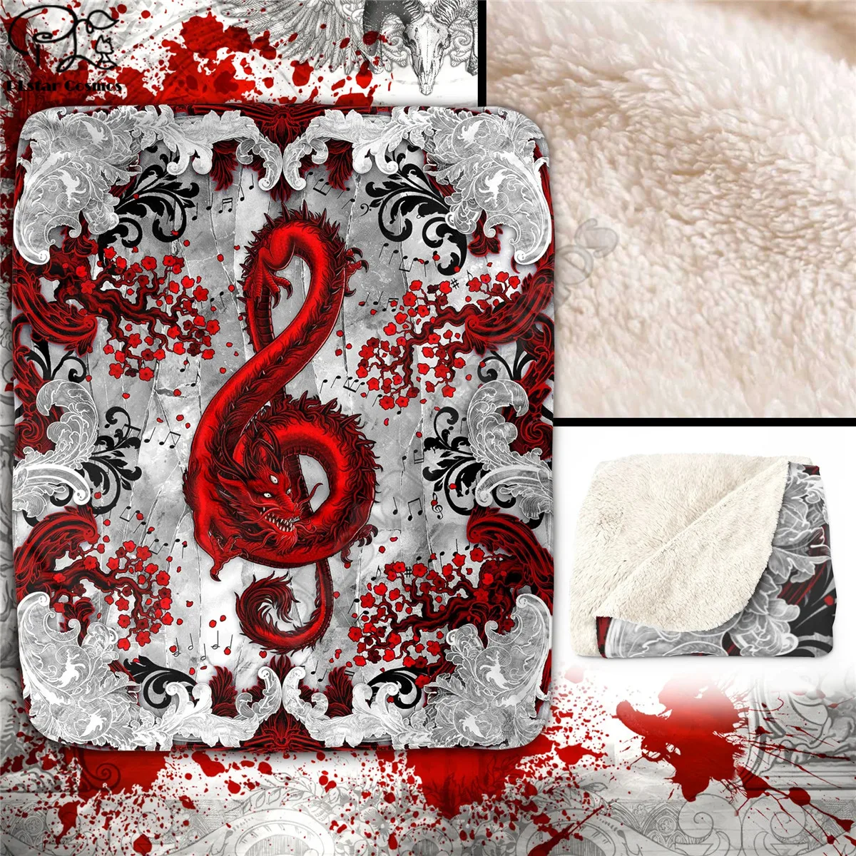 

Red Dragon Throw Fleece Blanket, Treble Clef, Music Home Decor - Bloody White Fleece Blanket 3D Printed Soft Plush Blanket