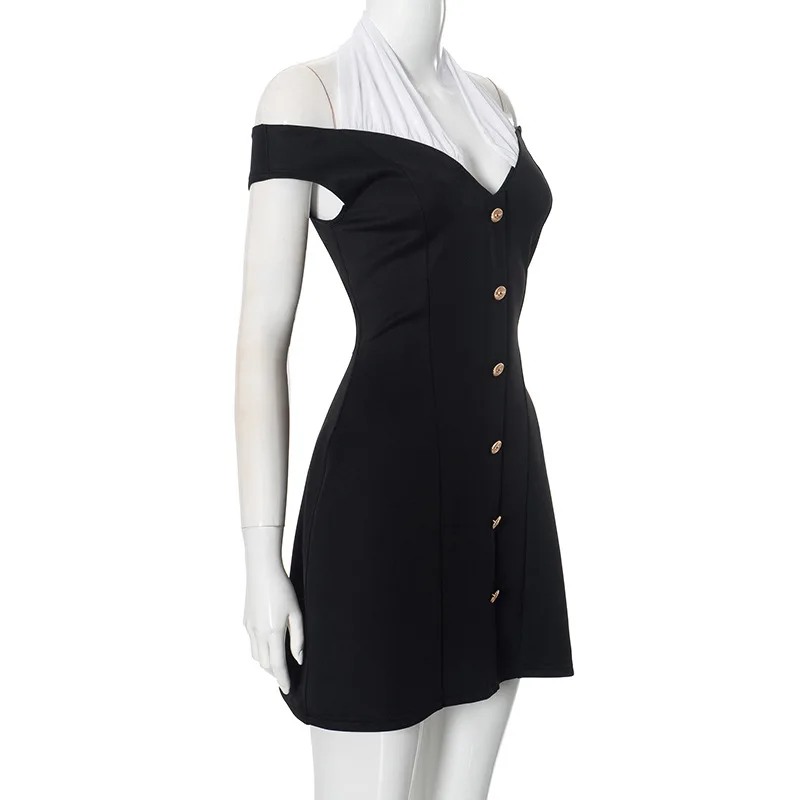 Elegant Contrast Color Splice Halter Dress For Women High Waist With Button Female Slim Fit Party Sexy Dress Sleeveless