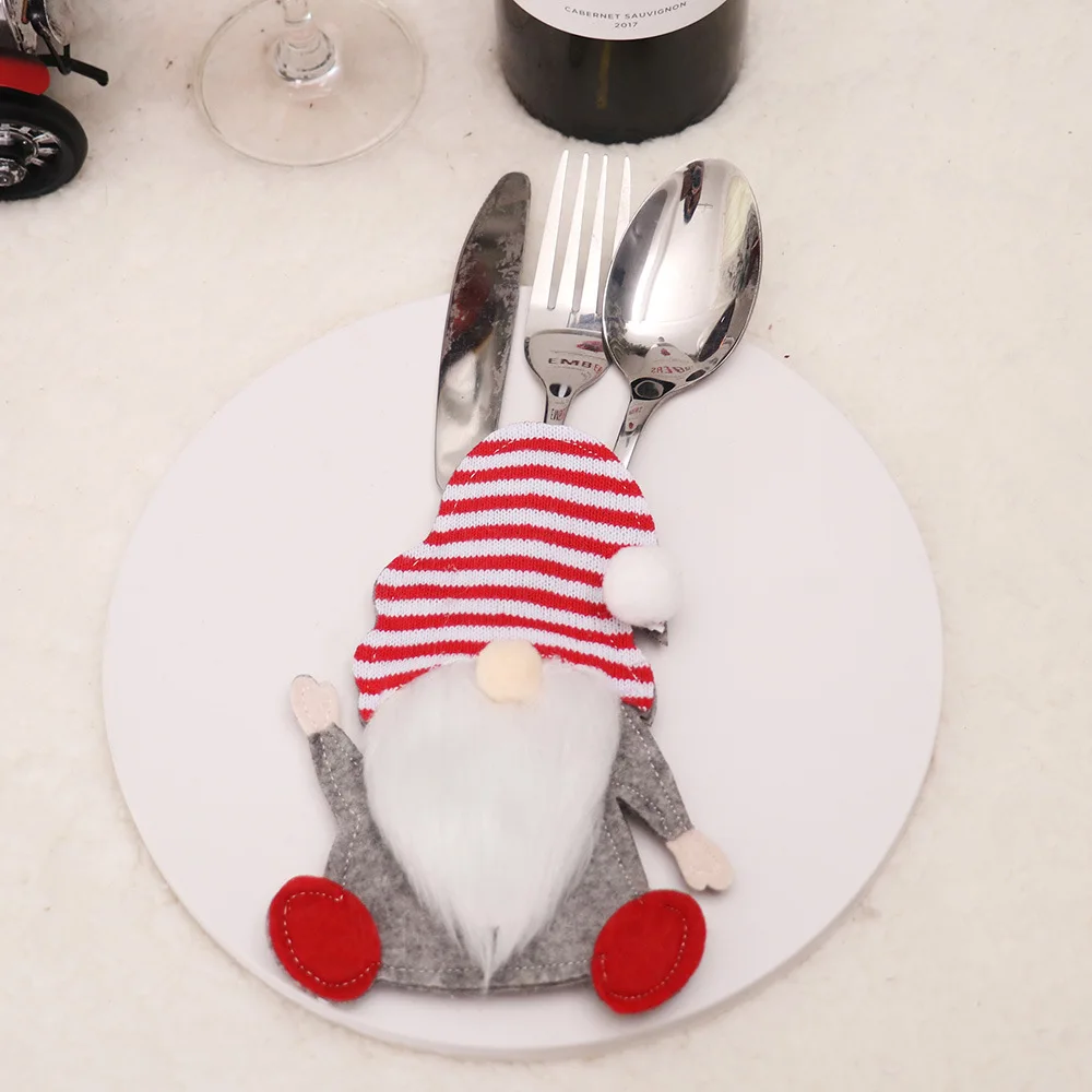 6/1 piezas de soporte para cubiertos navideños de gnomo, bolsas de bolsillo para cuchillos y tenedores, funda para vajilla navideña de Papá Noel, decoración para mesa de cena de fiesta