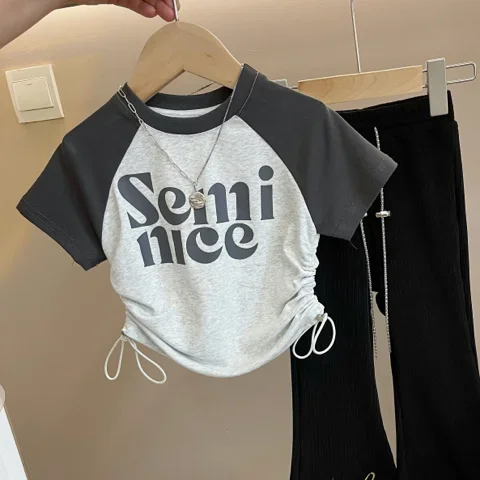 مجموعات ملابس الأطفال رسالة مطبوعة قصيرة الأكمام أ...