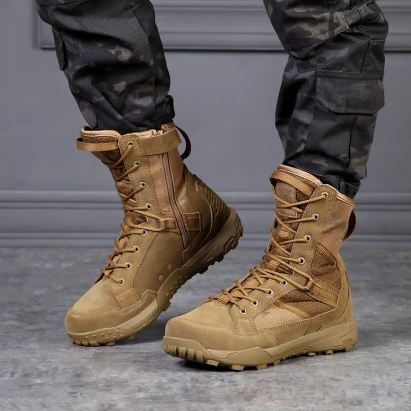 Combat Real Leather Boots Men Climbing Training Lightweight Waterproof Tactical Boots Outdoor Hiking Breathable Mesh Shoes hiking shoes combat boots rock climbing shoes