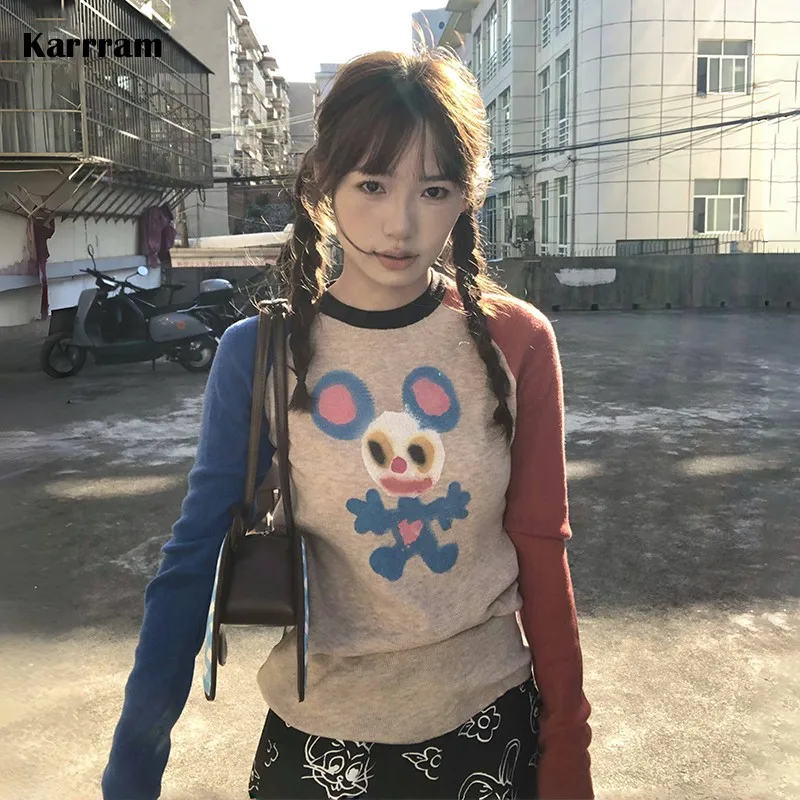 Karrram Japanische Y2k Gestrickte Tops Vintage Harajuku Graffiti Print Langarm T-shirt 2000er Jahre Ästhetik Gerippte Patchwork Tops 90er Jahre
