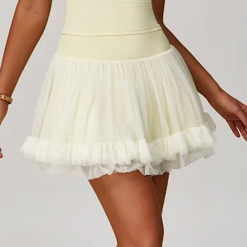 Women's Yoga Short New Summer Sporty Mini Skirt Tennis Golf Skirt Pure Color with Lining Safety Pants Mesh Sports Short Skirt