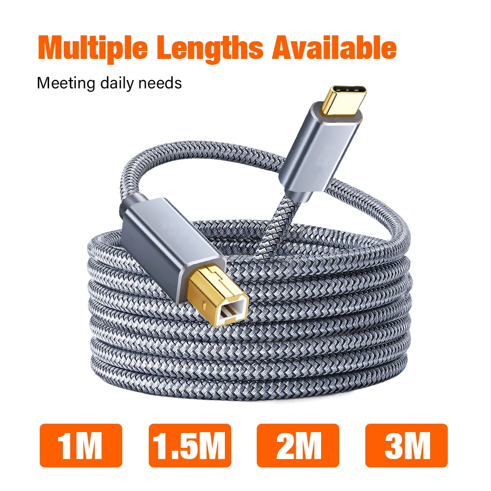 Braided USB-C to USB-B 2.0 Printer and Scanner Cable - 3M Length
