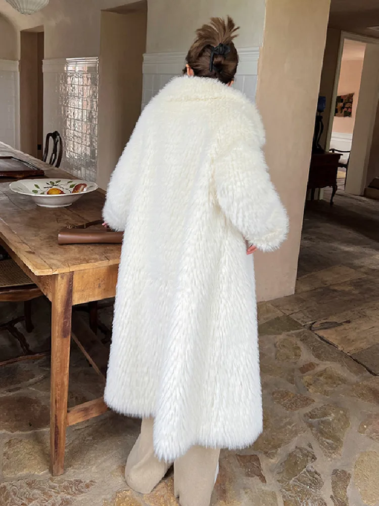 2022 Winter Lapel Collar Hairy Shaggy Faux Fox Fur Coat Ivory