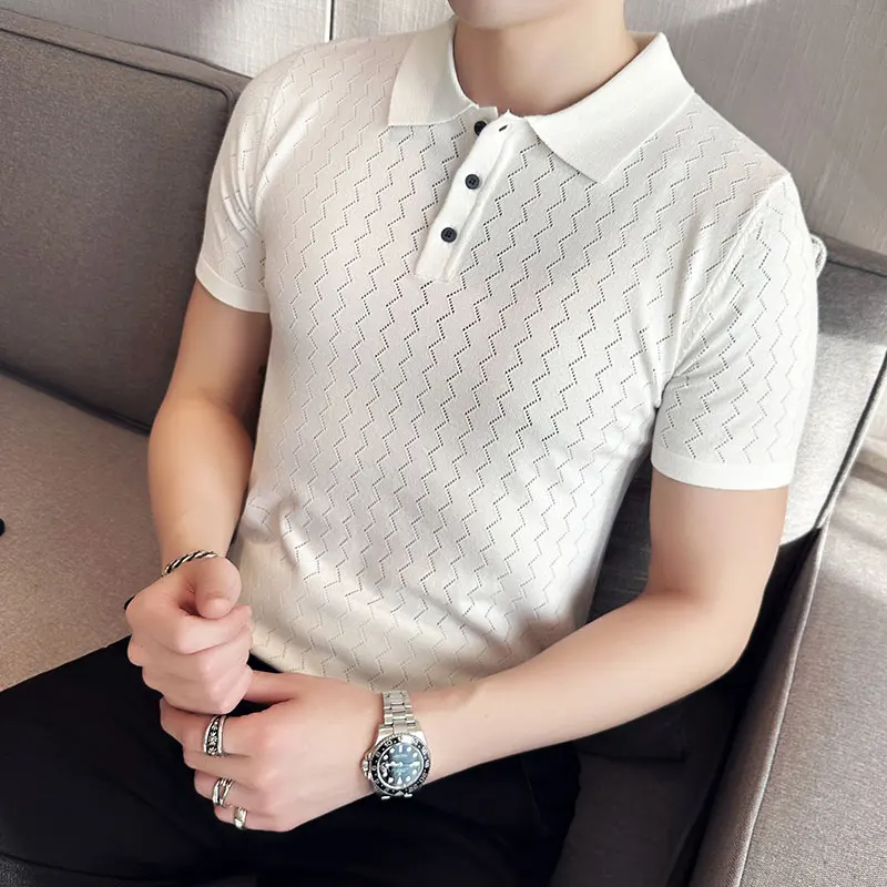 

Casual Slim Fit Solid Knitting Tops Mens Summer Fashion Lapel Polo Shirts Men's Clothing Fashion Short Sleeve Polos S-3XL