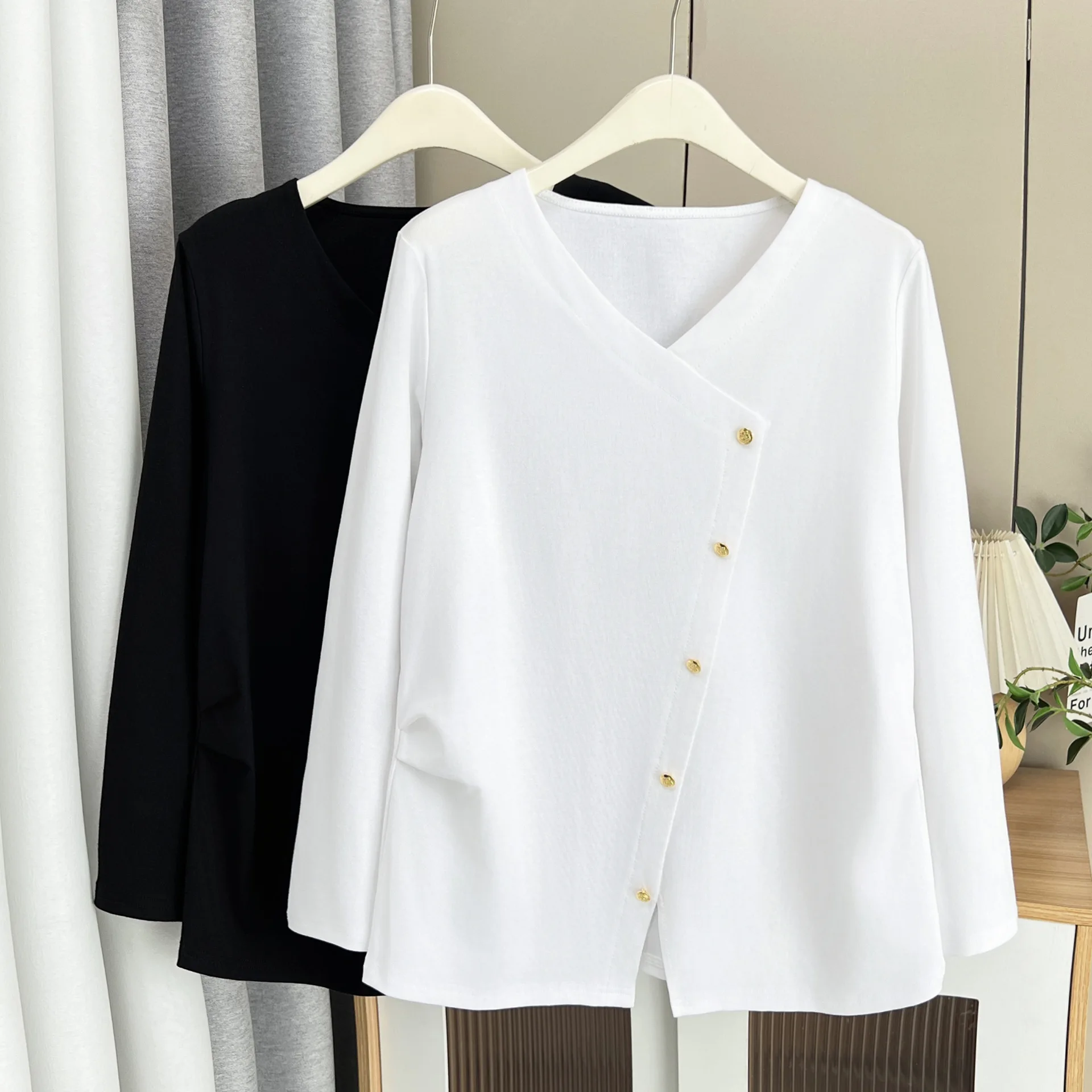 XXXXL Fashion Plus Size Women's T-Shirt New Autumn Elegant Slanted Button Long Sleeved Top 2062