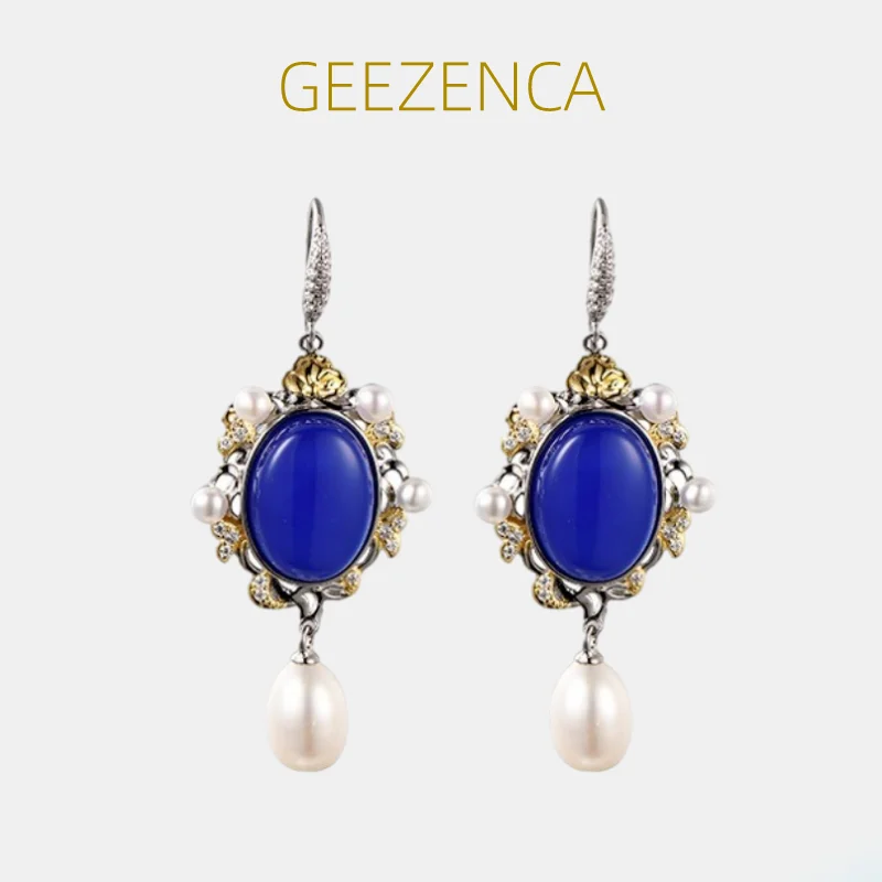 

GEEZENCA 925 Sterling Silver Blue Agate Pearl Zircon Drop Earrings For Women Vintage Luxury Court Style Dangle Earring 2023 New