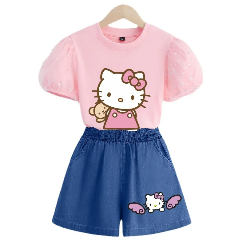 

Летний костюм Hello Kitty для девочек из 2 предметов, милый Детский Повседневный Универсальный уличный пуловер с коротким рукавом для малышей, с рисунком аниме