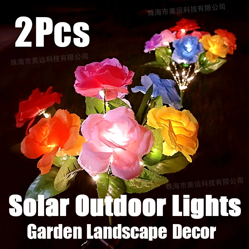 2Pcs Gardens Solar Powered 7-Head Rose Lights LED Courtyard Lawn Villa Balcony Ground Insertion Atmosphere Landscape Decor Lamps 2pcs dc 12v angel wings led bulbs white red crystal blue wireless welcome lights projection for auto motorcycle wing atmosphere