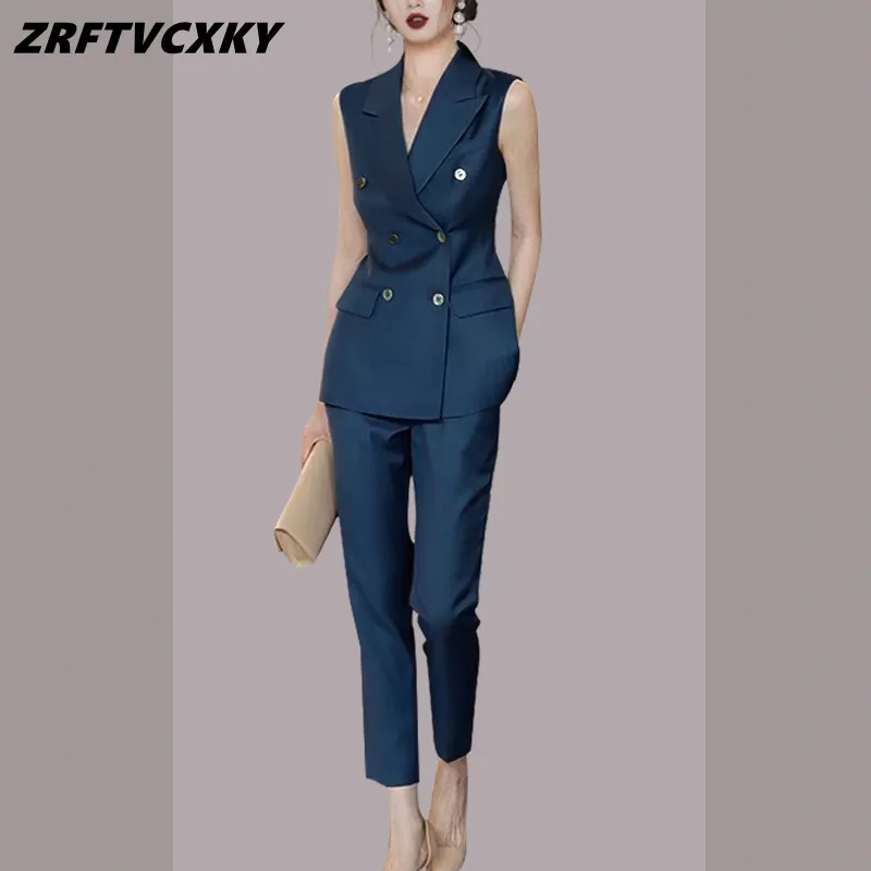 

Summer New Office 2-Piece Suits Women 2023 Elegant Double-Breasted Suit Vest Top & Simple Long Pants Korean OL Casual Work Set