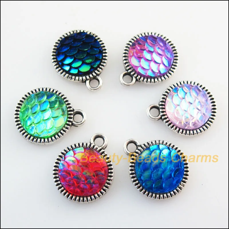 

18Pcs Round Flower Mixed Scale Resin Tibetan Silver Plated Color Charms Pendants 19.5x21.5mm