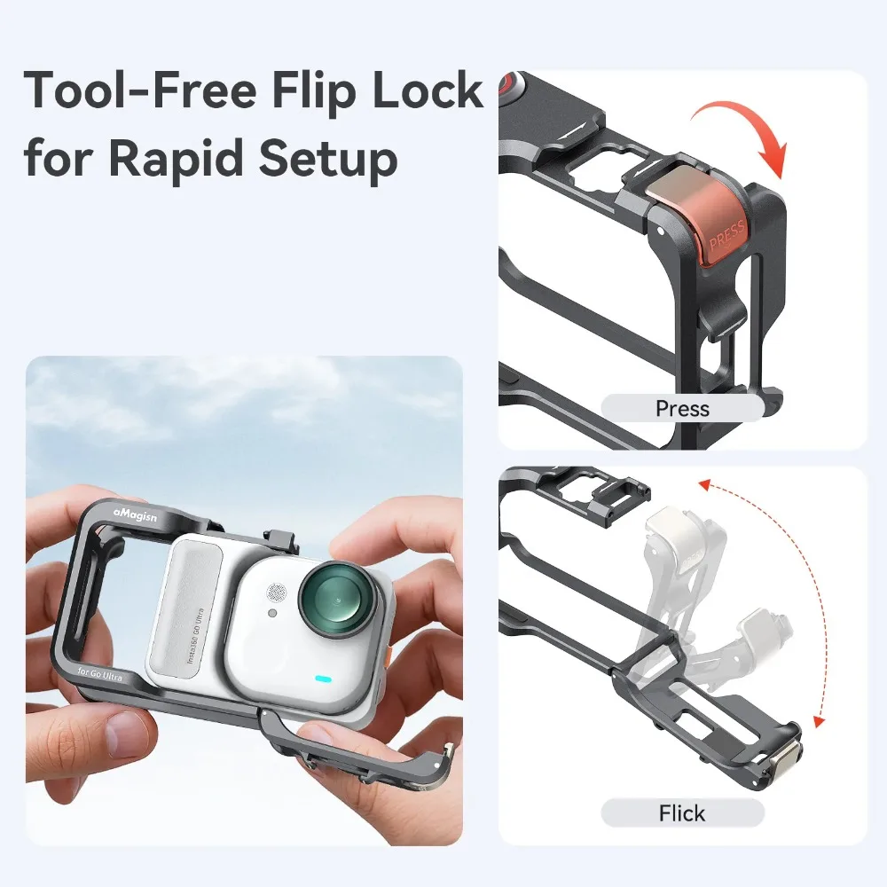 Insta360 Go Ultra용 aMagisn 메탈 카메라 케이지, Go Ultra 액세서리용 콜드 슈 인터페이스가 있는 수평 및 수직 프레임