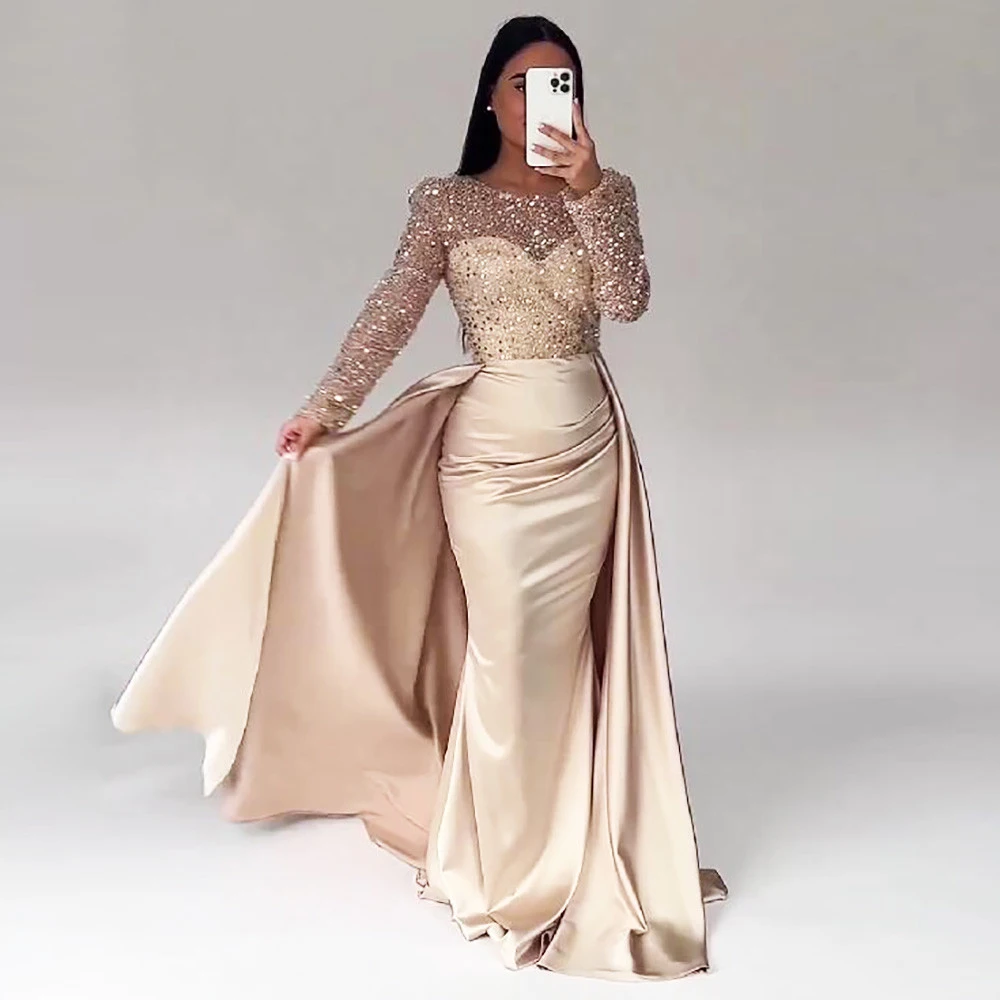 

Элегантное Атласное Вечернее платье-Русалка BridalAffair для женщин 2023 с круглым вырезом и длинными рукавами с бусинами и блестками вечерние платья для выпускного и свадебного торжества