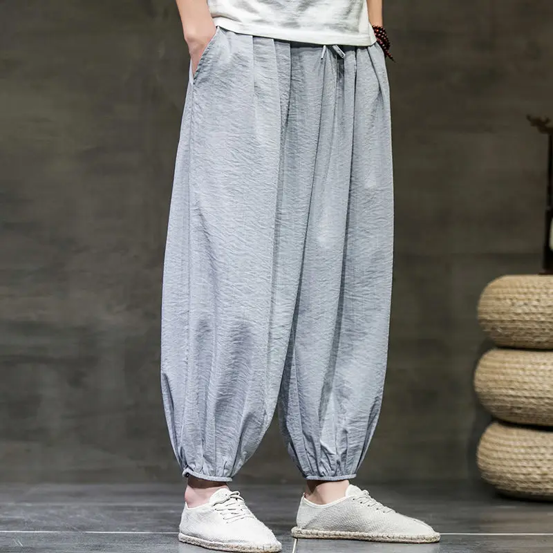 Summer Solid Color Fashion Elastic Waist Lantern Pants Man High Street Cotton Hemp Pockets Patchwork Loose Comfortable Trousers