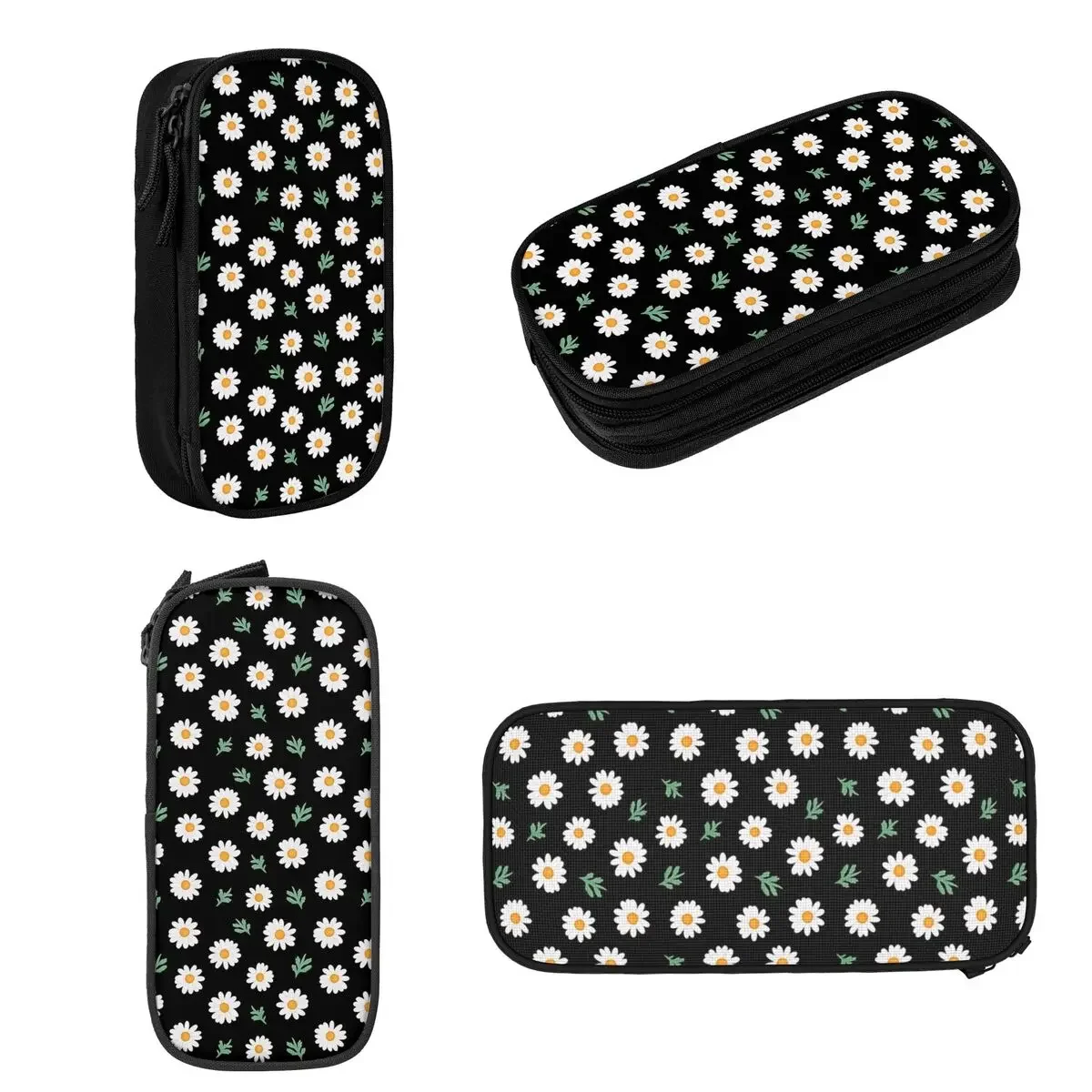 Daisy Pattern On Black Pencil Cases Large Capacity Pen Bags Pen Box Pencil Pouch For Boys Girls Students Stationery School